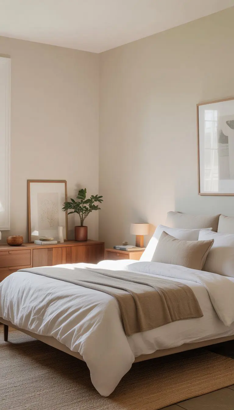 A bright bedroom with warm white walls, a neatly made bed, and soft natural light filling the space.