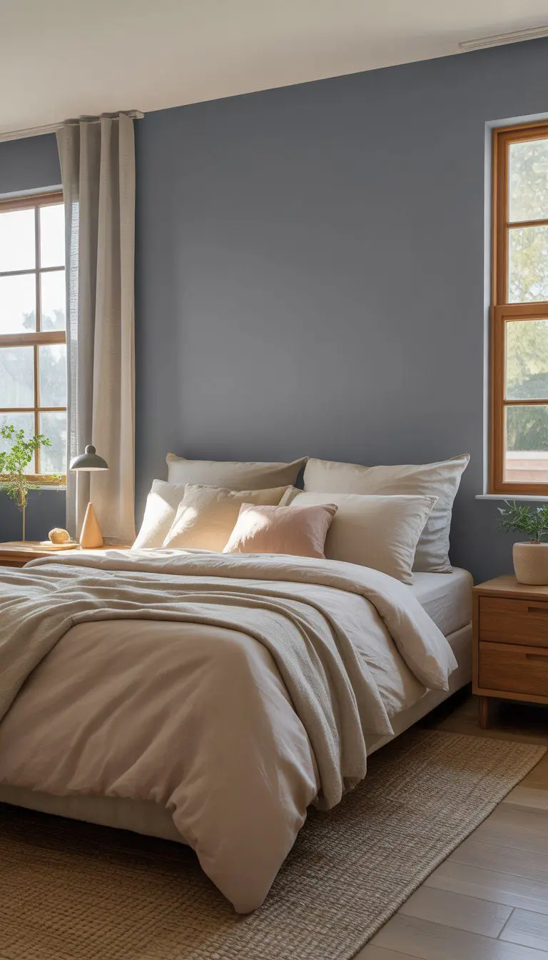 A cozy bedroom with gray walls, a neatly made bed, wooden nightstands, a lamp, a small plant, and natural light coming through large windows.