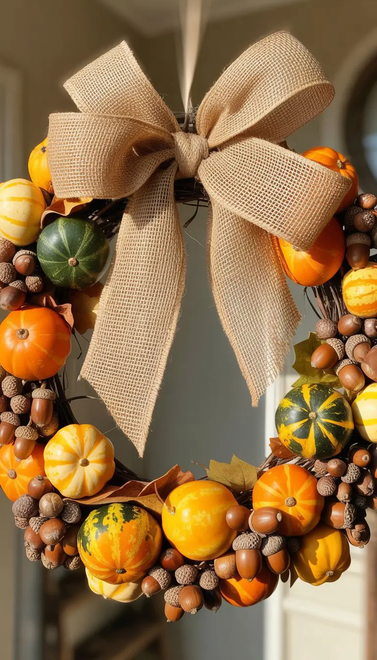 A circular wreath decorated with a burlap bow, mini gourds, and acorns on a neutral background.