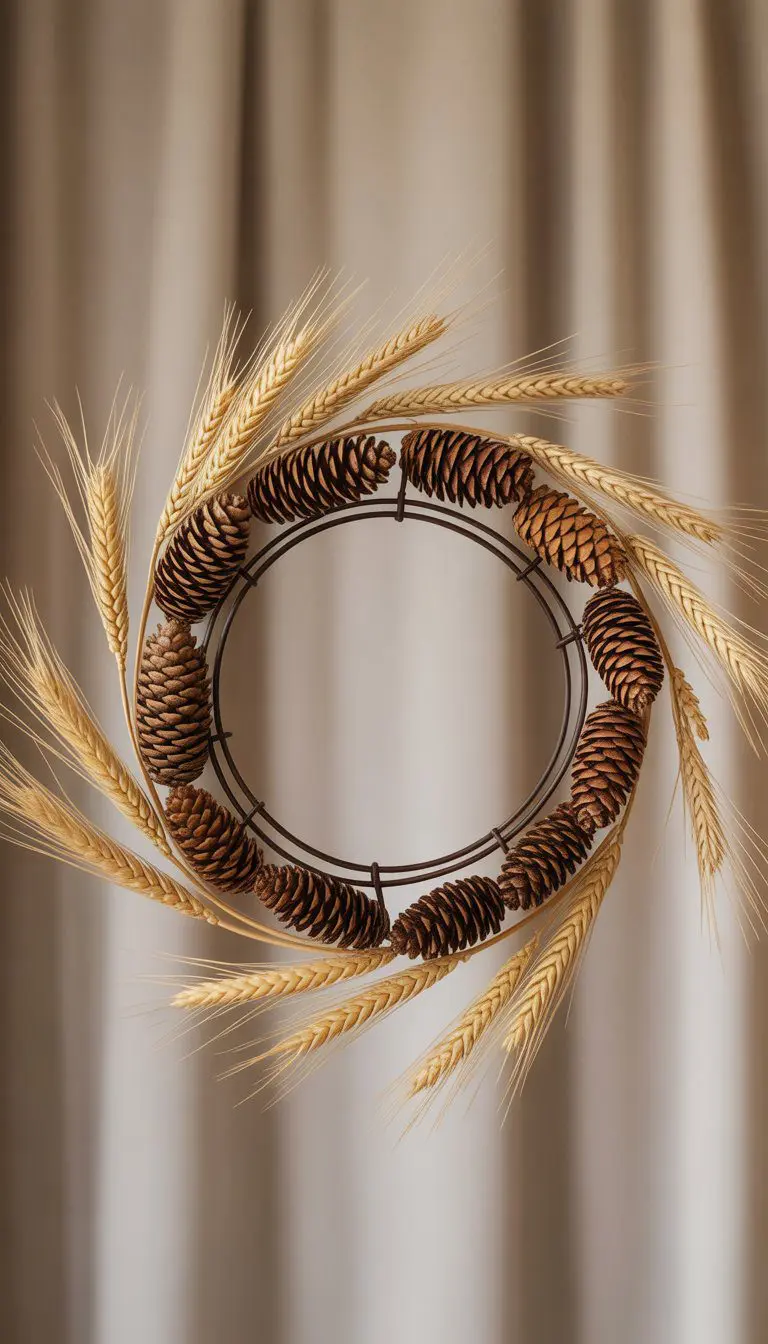 A wire wreath frame decorated with wheat stalks and pine cones on a neutral background.