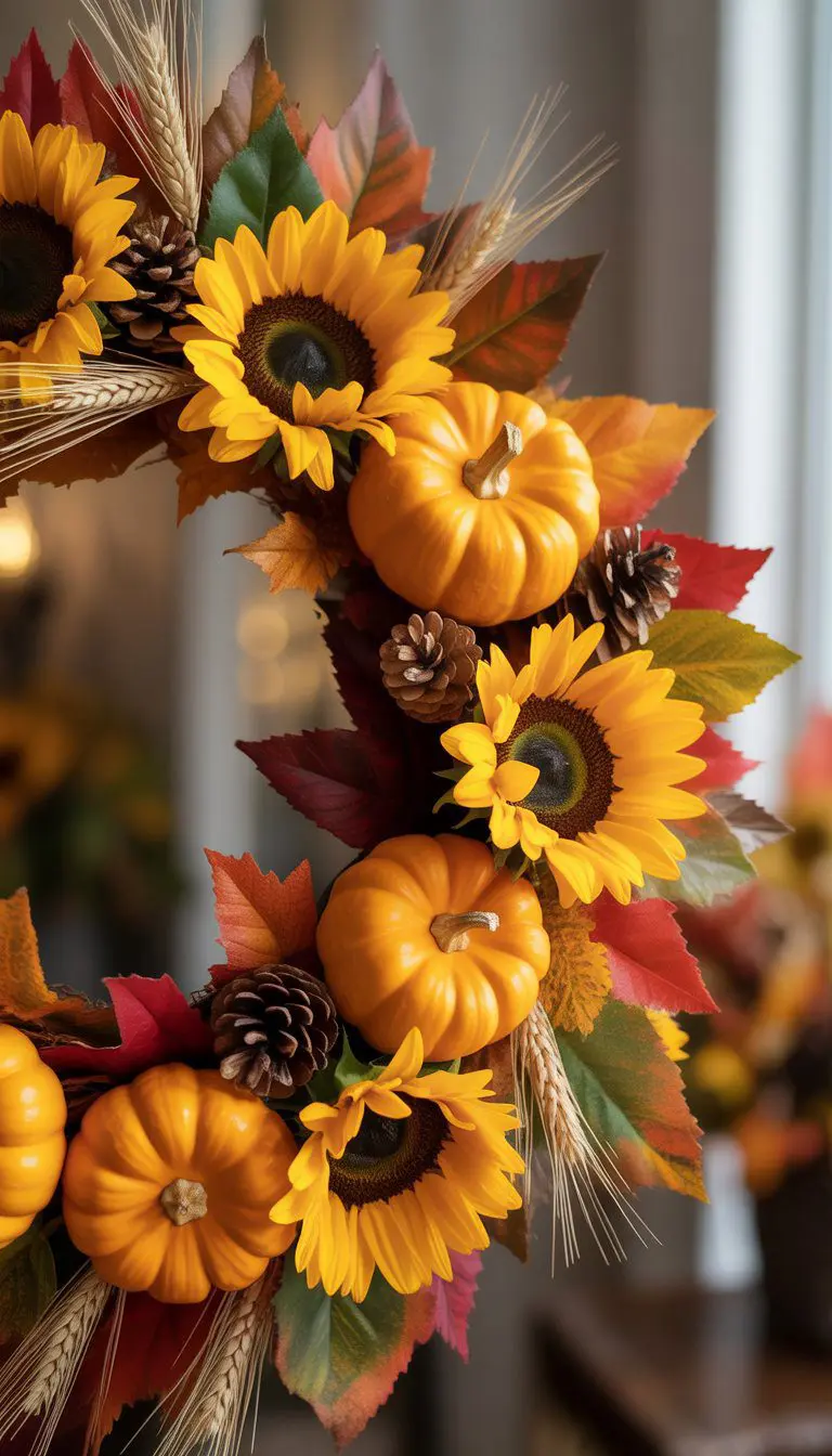 A close-up of a Thanksgiving wreath made of sunflowers, pumpkins, fall leaves, pinecones, and wheat.