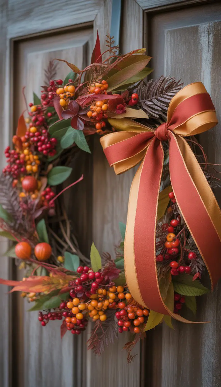 A fall wreath decorated with red and orange berries, green leaves, and a large orange and gold ribbon bow hanging on a wooden door.