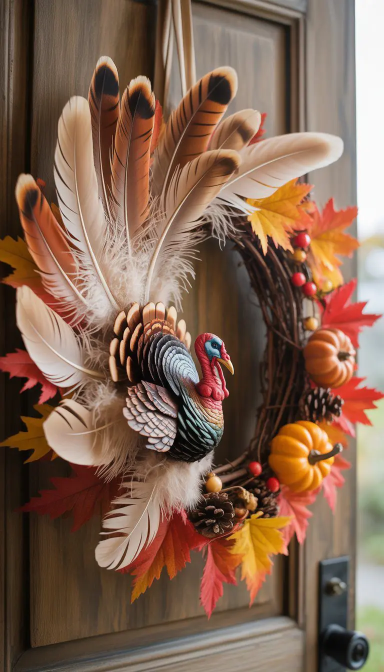 A Thanksgiving wreath decorated with feathers, autumn leaves, pine cones, and small pumpkins hanging on a wooden door.