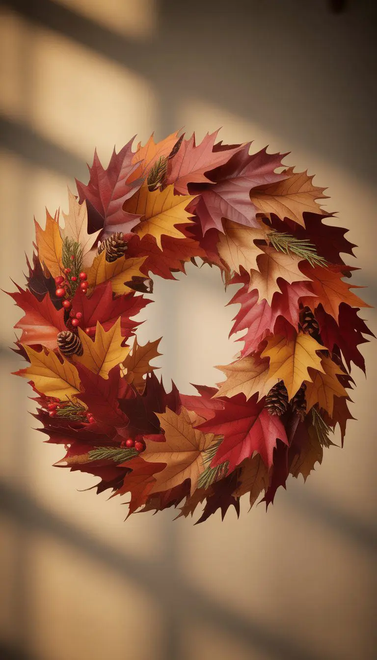 A close-up of a fall wreath made of intertwined maple and oak leaves in autumn colors with pine cones and berries.
