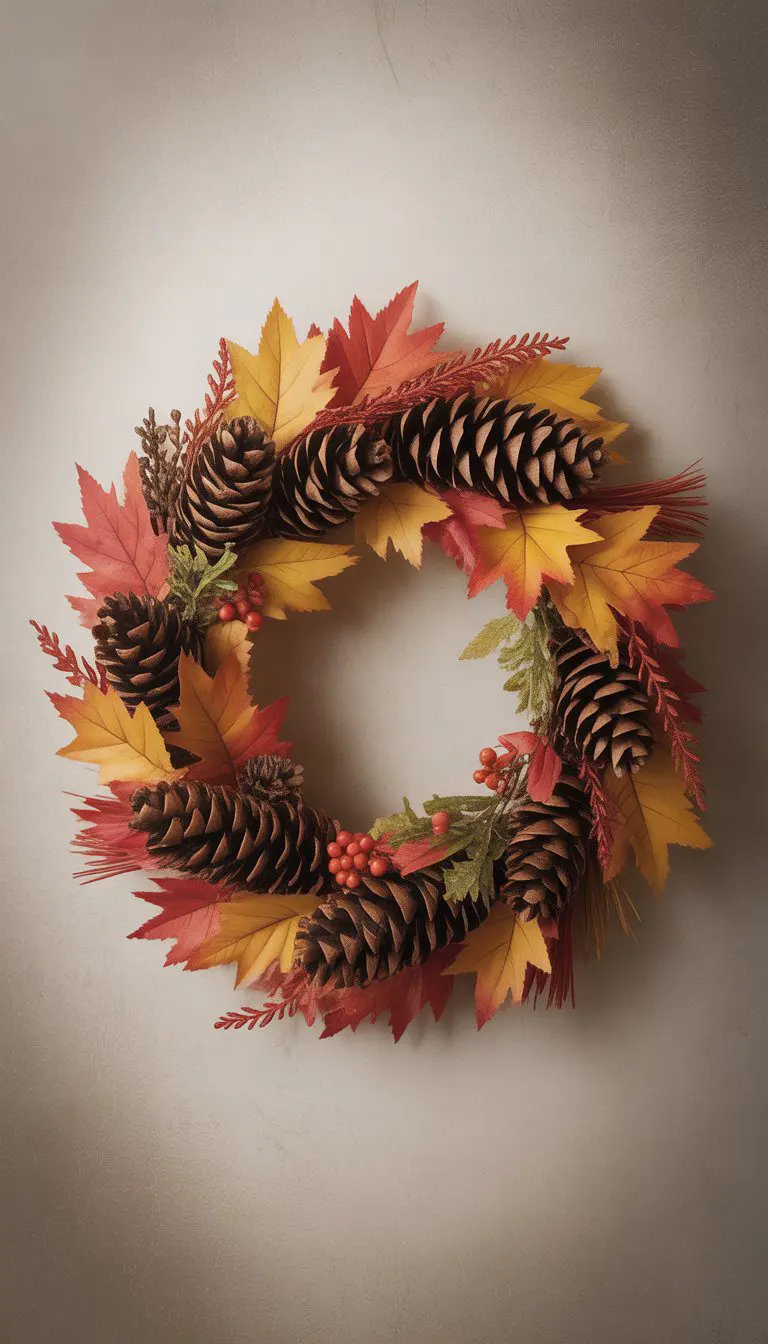 A circular fall wreath made of pine cones and colorful autumn leaves on a neutral background.