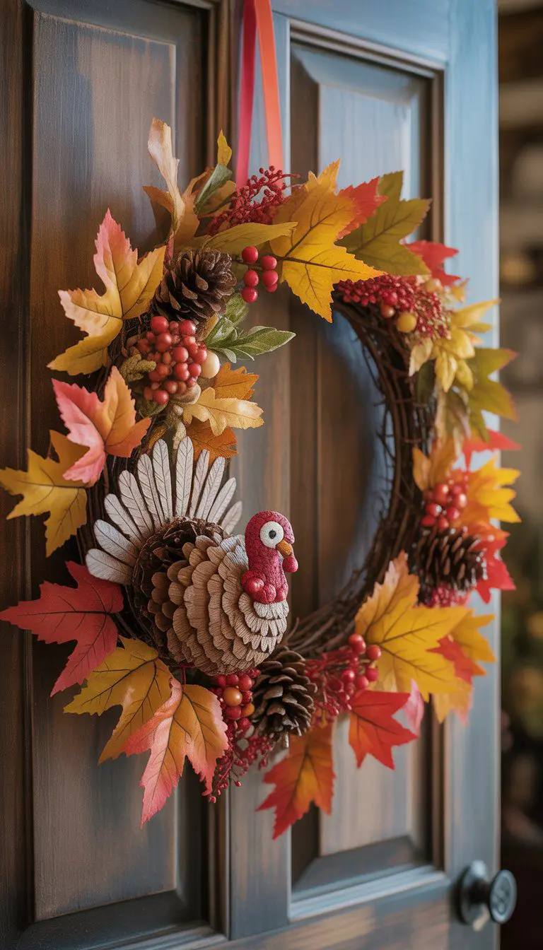 A Thanksgiving wreath with autumn leaves, pine cones, berries, and a small turkey decoration hanging on a wooden door.