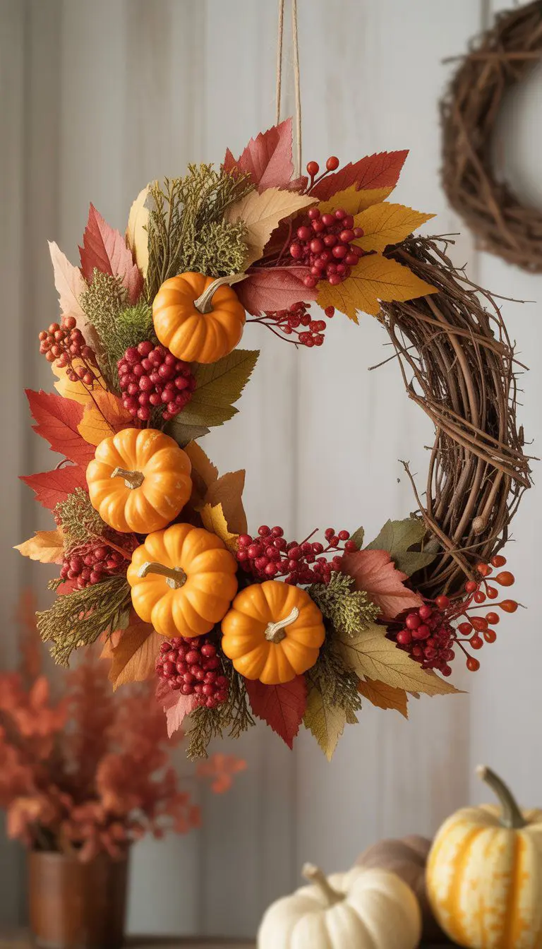 A wreath decorated with small pumpkins, red berries, autumn leaves, and greenery on a neutral background.