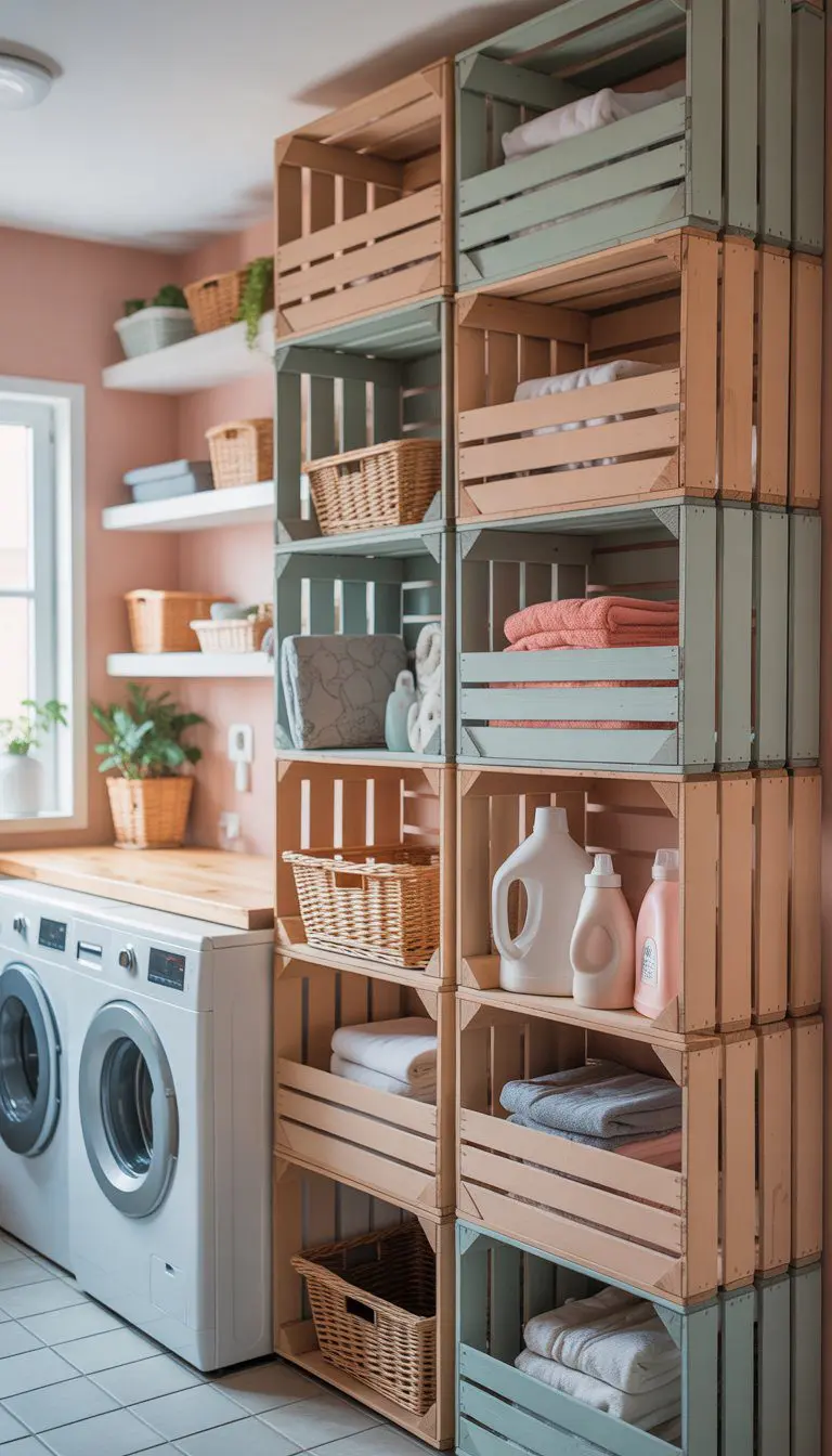 A clean laundry room with wooden crate shelves painted to match the decor, holding towels, laundry supplies, and plants above a washing machine and dryer.
