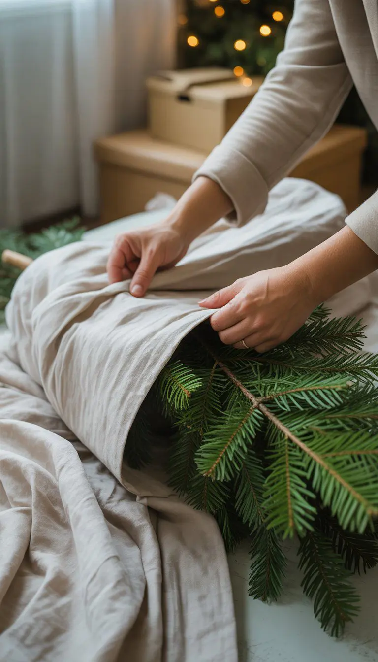 Hands wrapping Christmas tree branches in a white bedsheet to protect them during storage.
