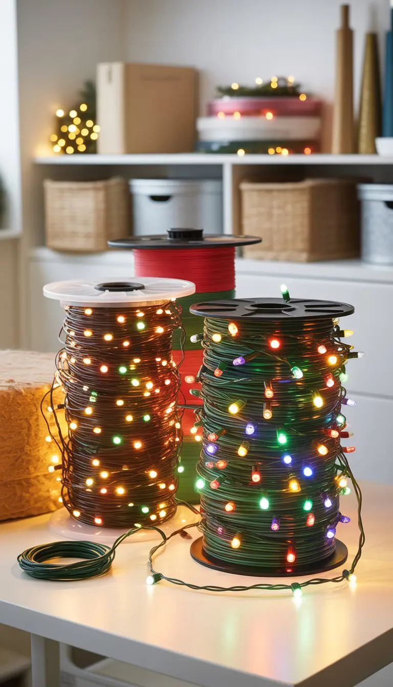 Neatly wound Christmas string lights wrapped around plastic reels placed on a wooden surface with holiday storage containers in the background.