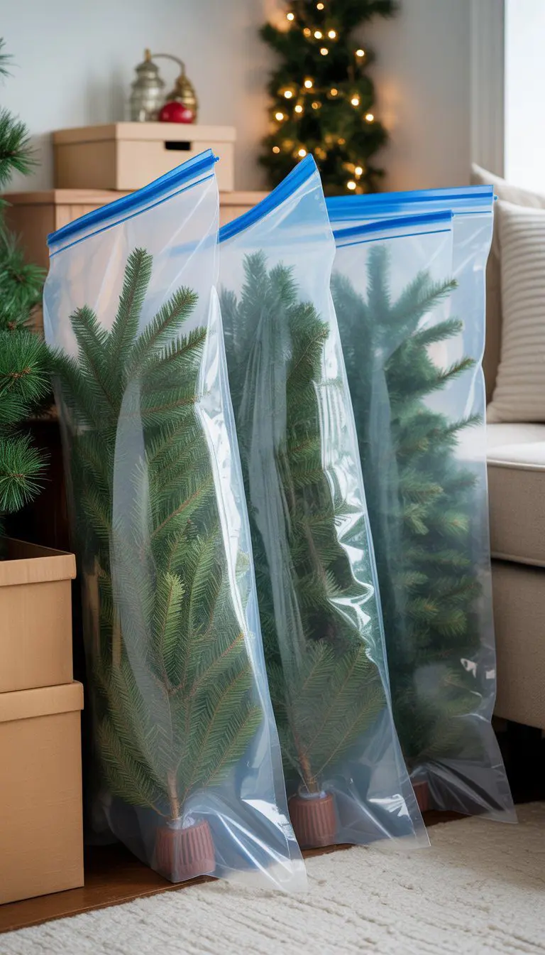 Vacuum-sealed artificial Christmas tree sections stored neatly in clear plastic bags on the floor next to holiday decorations.