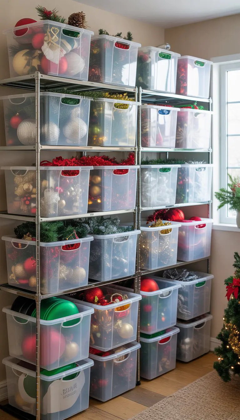 A neatly organized storage room with clear bins filled with Christmas decorations arranged on shelves for easy access.