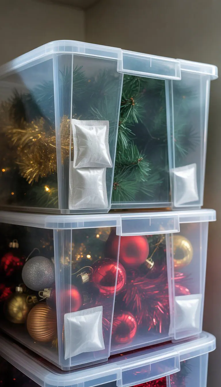 Storage bins filled with Christmas tree decorations and silica gel packets placed inside to keep them dry.