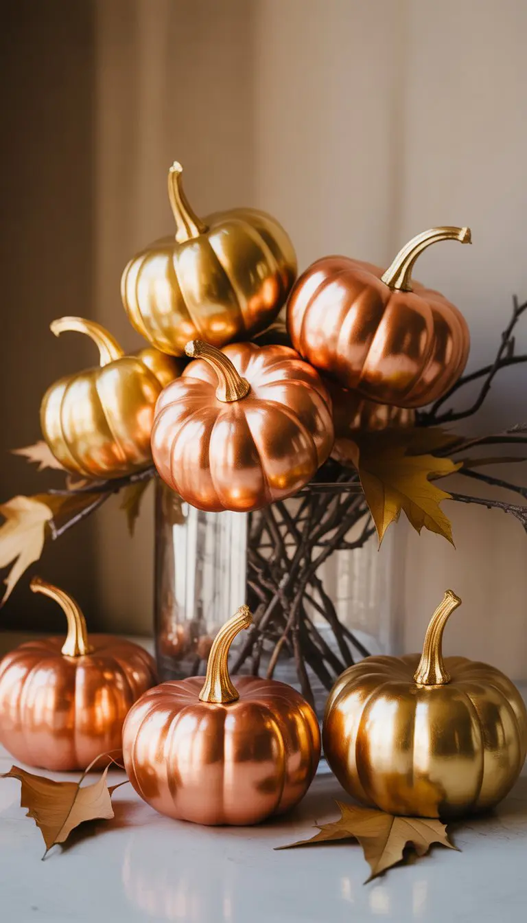 Mini pumpkins painted metallic gold and copper arranged in a glass vase with twigs and dried leaves for autumn decoration.