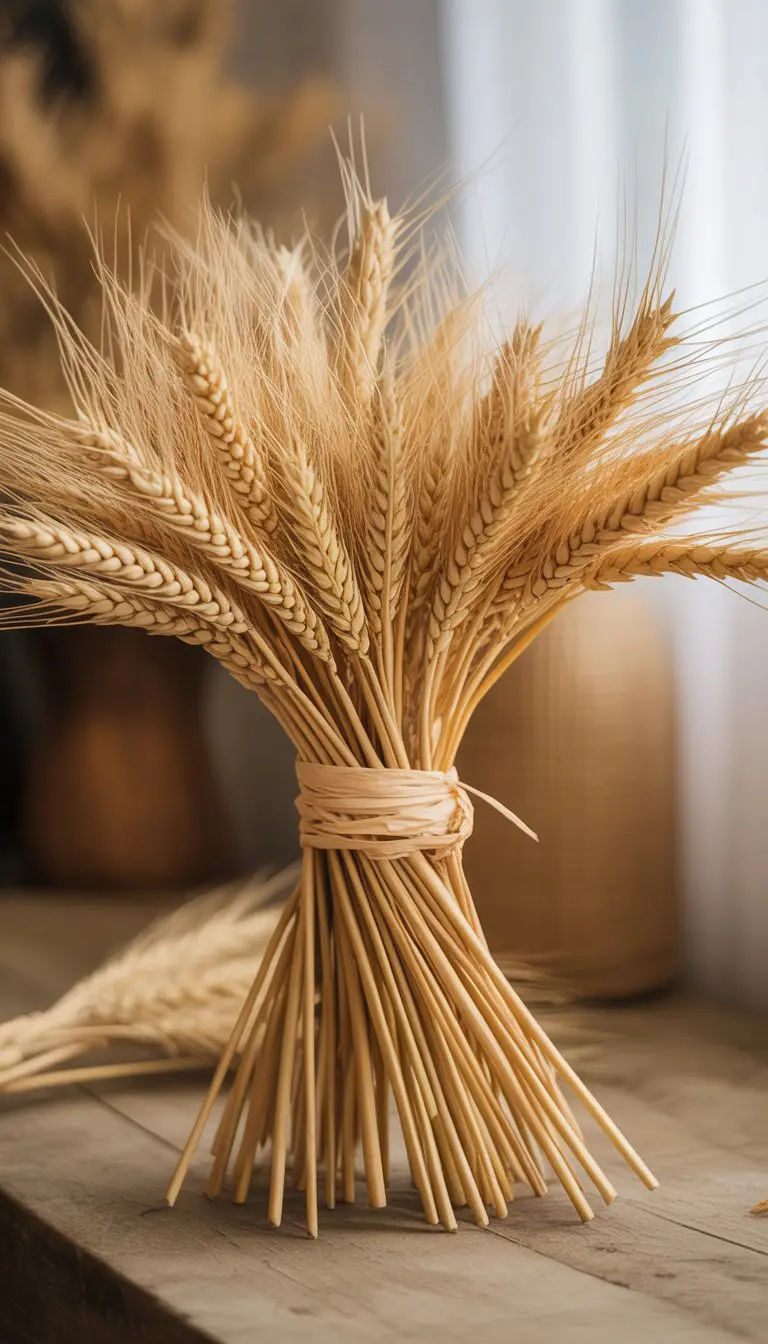 A bundle of wheat stems tied with raffia placed on a wooden surface with a warm, blurred autumn background.