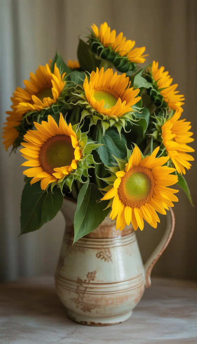 A bouquet of bright sunflowers arranged in a vintage ceramic pitcher on a neutral background.