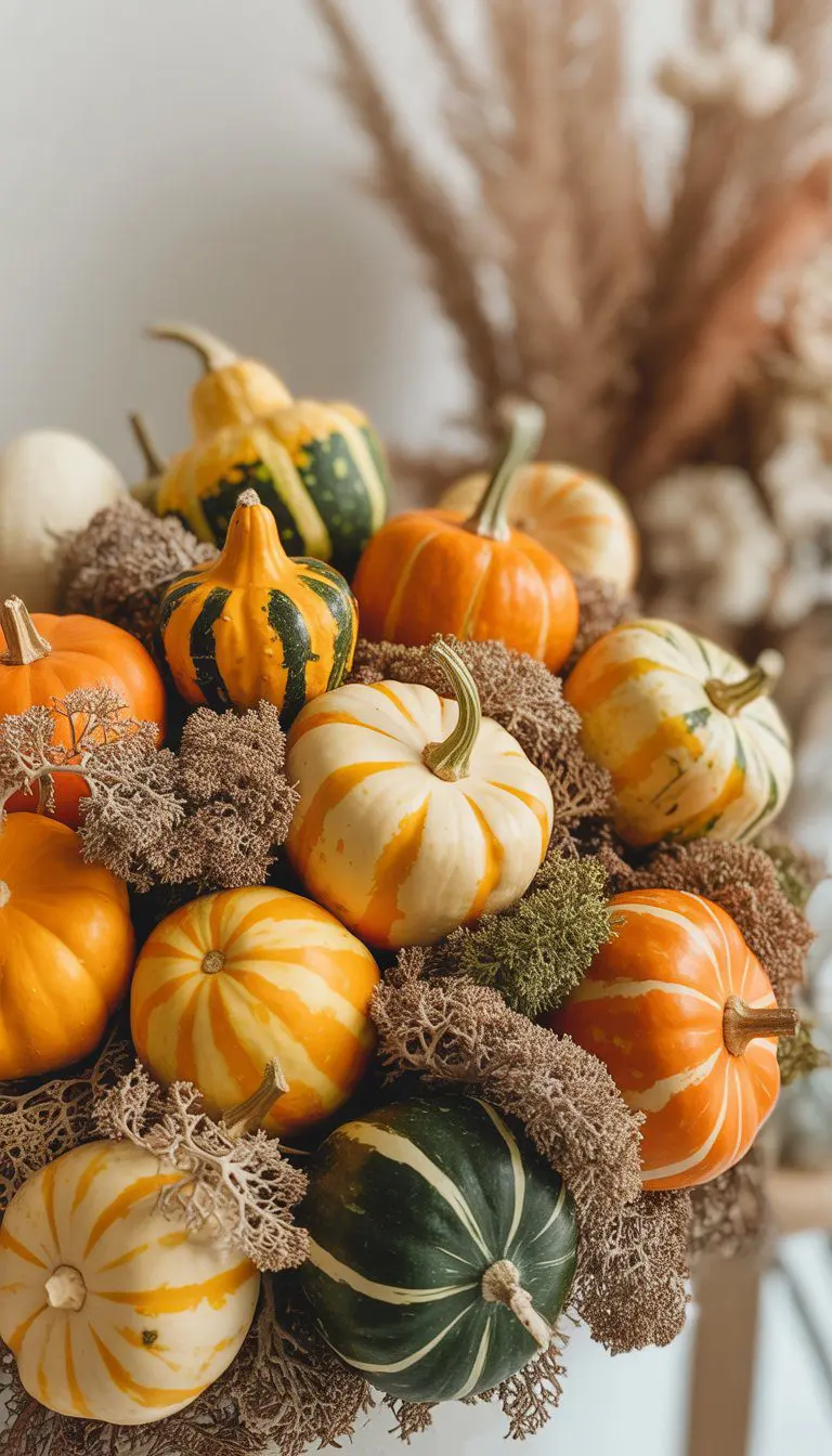 Close-up of mini gourds arranged with dried moss, creating a warm autumn display.