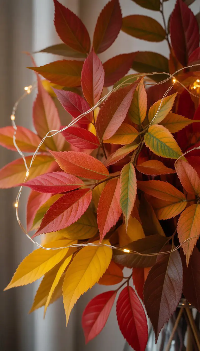 Close-up of colorful autumn leaves layered with warm white fairy lights glowing softly.