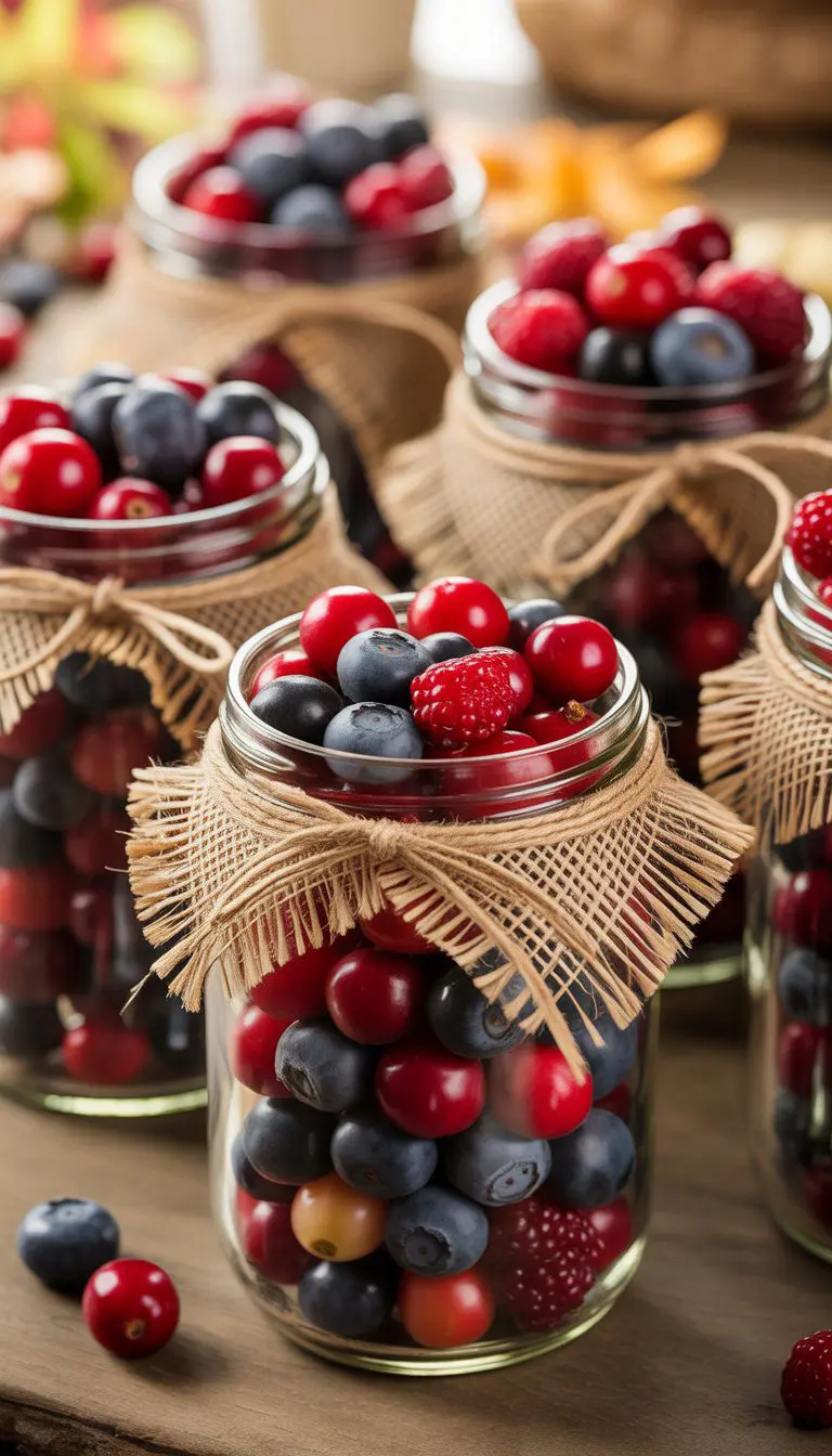Glass jars filled with seasonal berries wrapped with burlap ribbons arranged on a wooden surface.