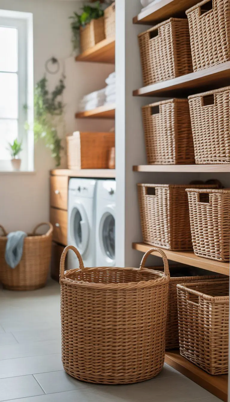 A laundry room with woven seagrass baskets arranged on shelves and the floor, illuminated by natural light.