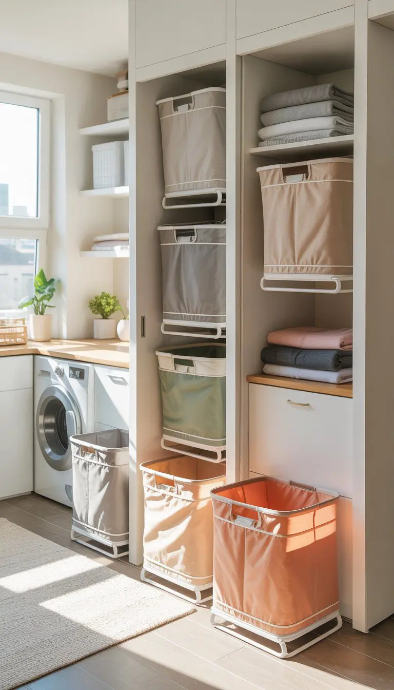 A small laundry room with collapsible fabric hampers in various colors, some expanded with clothes and others folded away, surrounded by laundry appliances and storage.