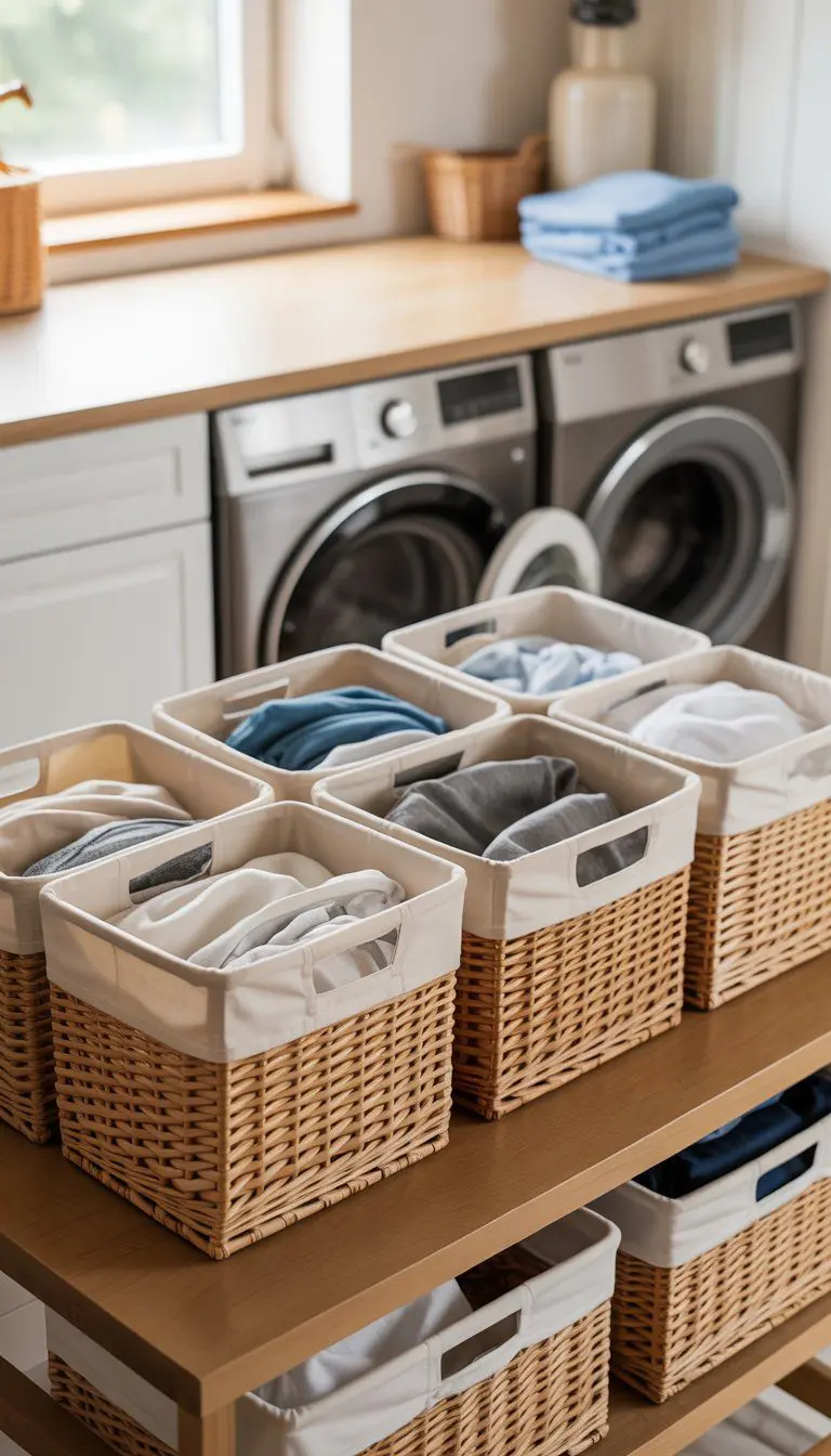 A laundry room with multi-compartment baskets for sorting clothes into whites, colors, and delicates placed on a wooden shelf next to a washing machine and dryer.