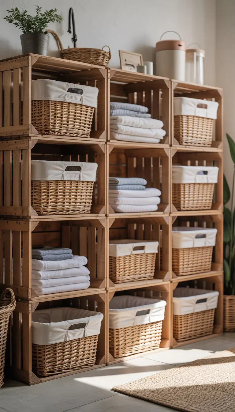 A laundry station made of stacked wooden crates holding laundry baskets and folded linens in a bright laundry room.
