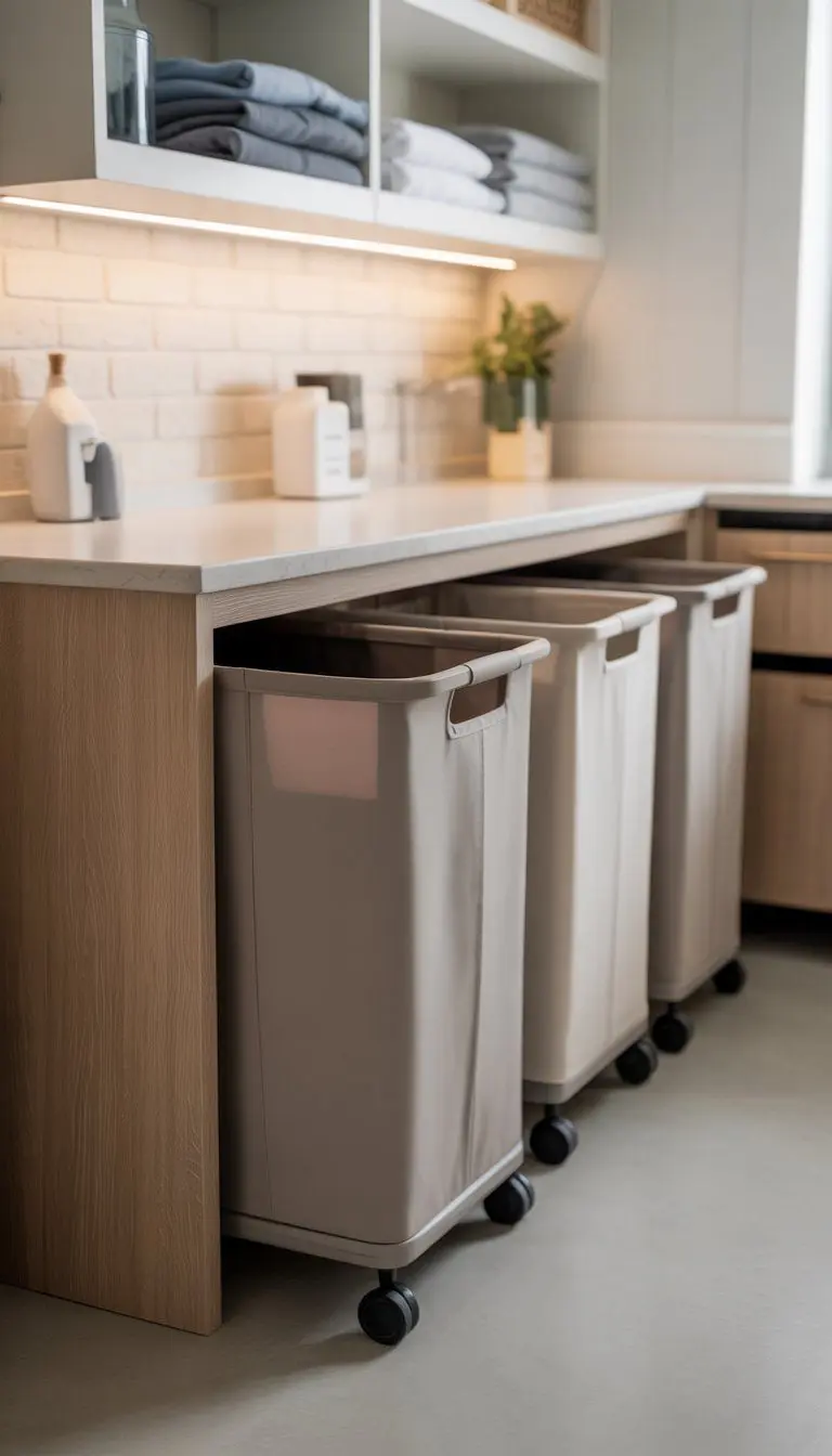 A tidy laundry room with slim rolling hampers sliding under a countertop and desk, keeping the space organized and clutter-free.