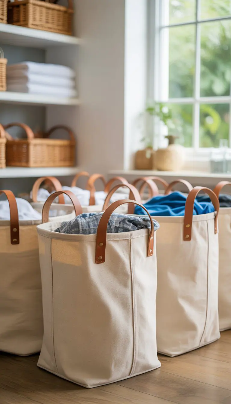 Canvas tote baskets with leather handles filled with clothes arranged in a bright laundry room.