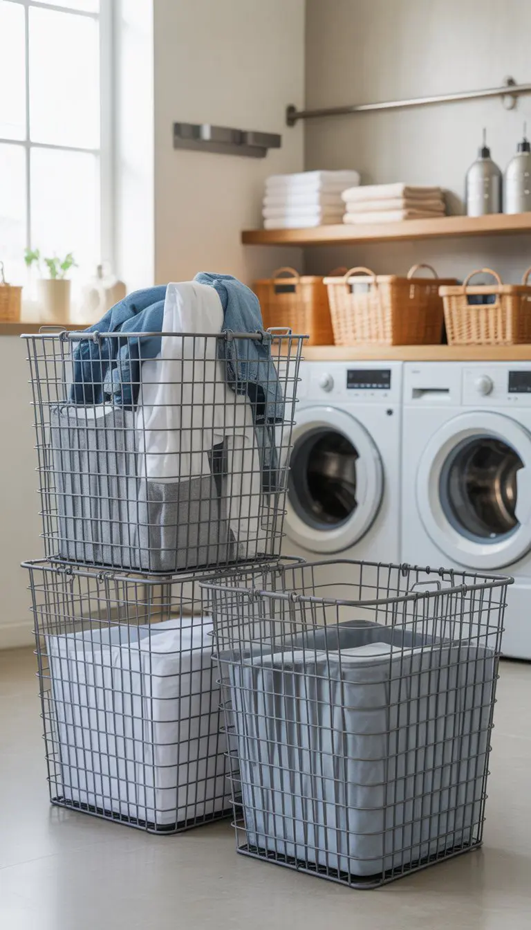 Metal wire baskets arranged in a clean laundry room holding clothes and laundry items.