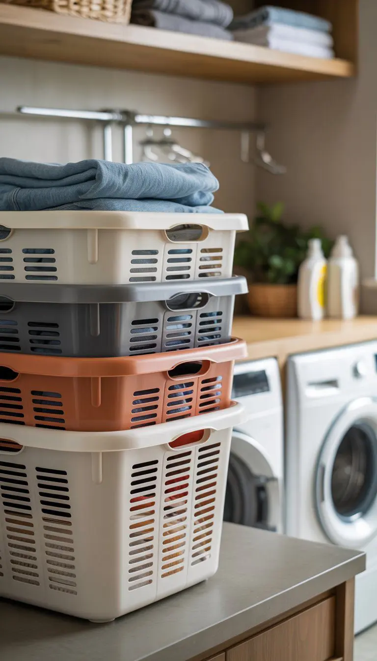 Stacked plastic laundry baskets with ventilated sides in a clean and organized laundry room.