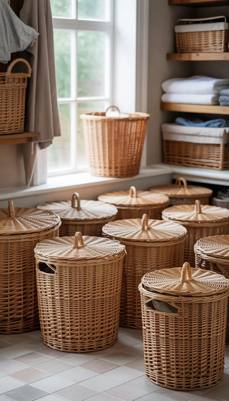 A laundry room with multiple lidded wicker hampers arranged neatly on the floor and shelves.