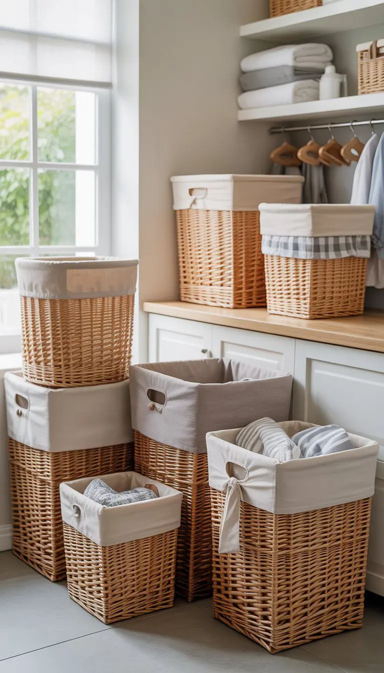 A bright laundry room with multiple fabric-covered wicker baskets arranged on shelves and the floor, surrounded by folded towels and laundry supplies.
