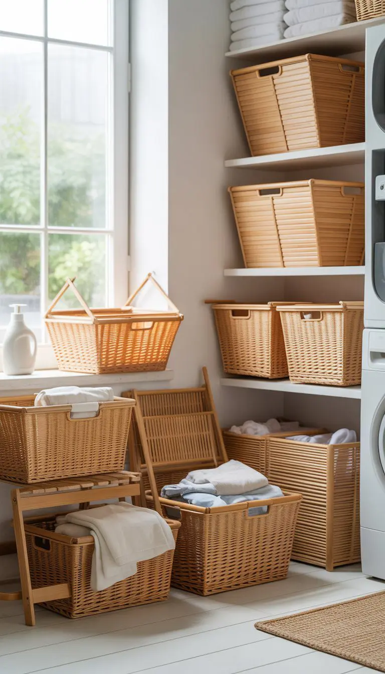 A laundry room with several foldable bamboo baskets arranged on shelves and the floor, surrounded by laundry items.