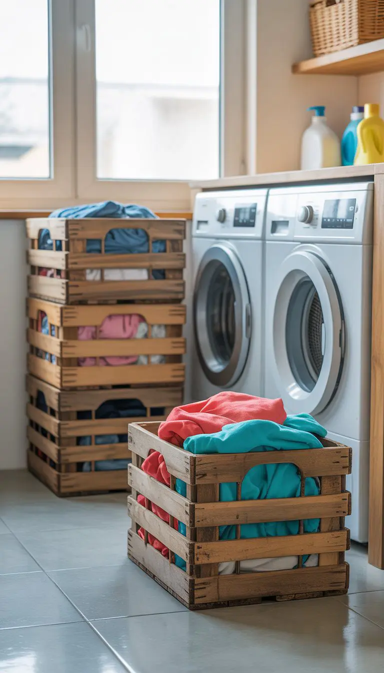 Laundry room with vintage wooden milk crates used as laundry baskets filled with clothes, next to a washing machine and shelves with laundry supplies.