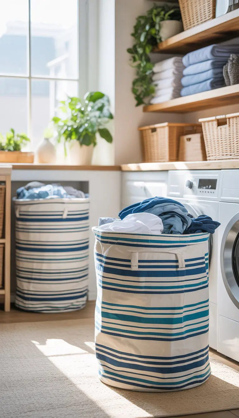 A bright laundry room with oversized striped cotton hampers filled with laundry, wooden shelves with towels, green plants, and natural light coming through a window.
