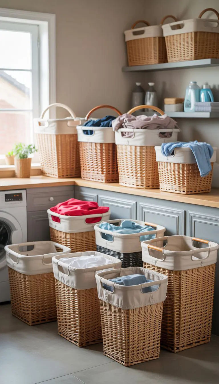 A bright laundry room with 15 different laundry baskets featuring built-in handles, some filled with clothes and others empty, arranged neatly on shelves and the floor.