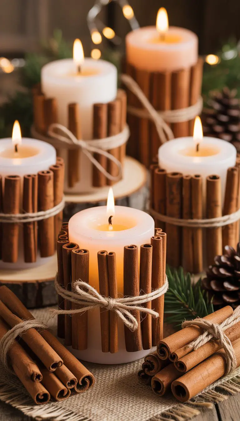 Several lit pillar candles wrapped with cinnamon sticks and tied with twine, surrounded by pine cones and evergreen sprigs on a wooden surface.