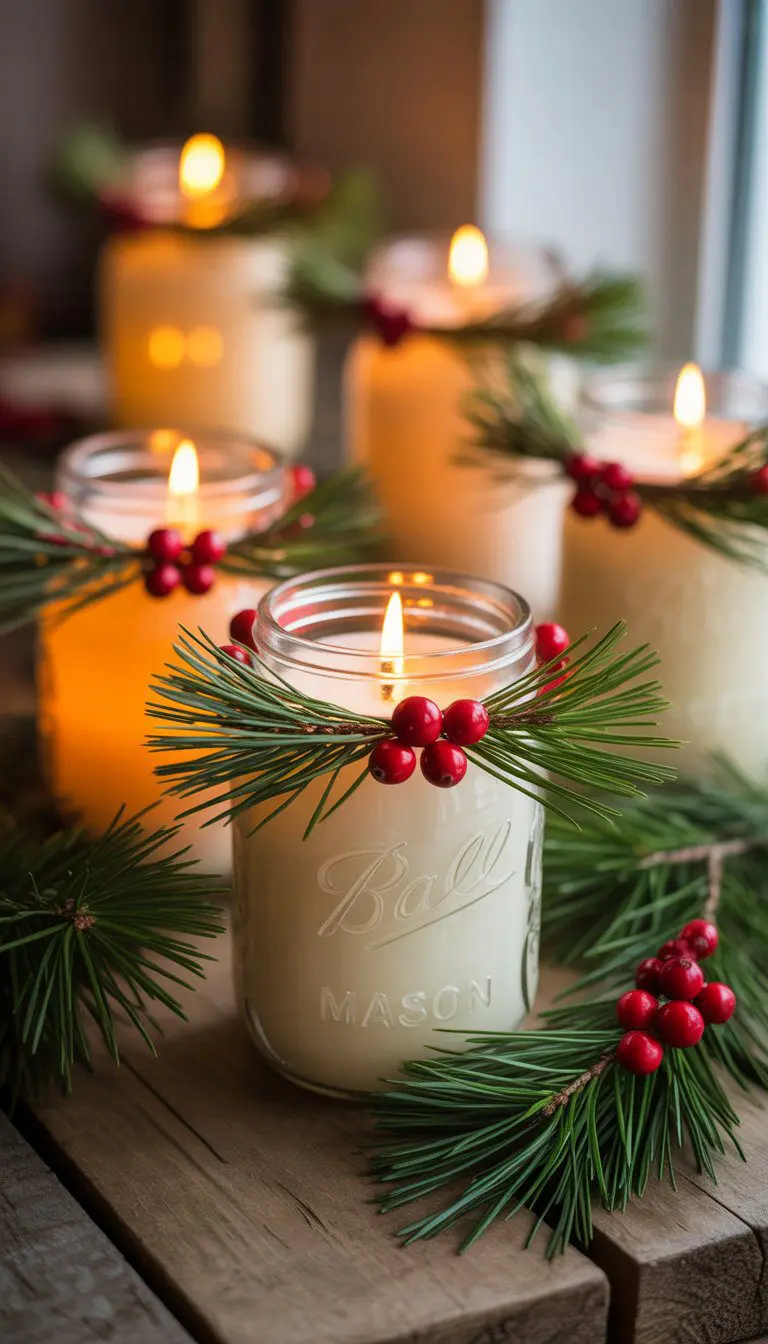 Mason jar candles decorated with fresh pine sprigs and cranberries on a wooden surface.