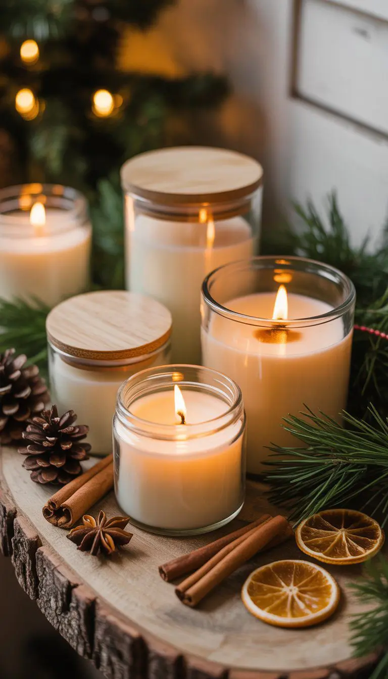Several lit soy candles surrounded by pine sprigs, cinnamon sticks, dried orange slices, and pine cones on a wooden surface with warm holiday lighting.