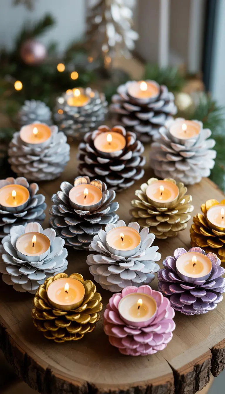A collection of twelve tealight holders made from painted pinecones with metallic accents, each holding a lit candle, arranged on a wooden surface with holiday decorations in the background.