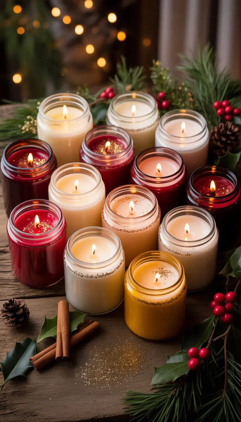 Twelve glitter-dusted candle jars arranged on a wooden surface with Christmas decorations like pine branches and berries.