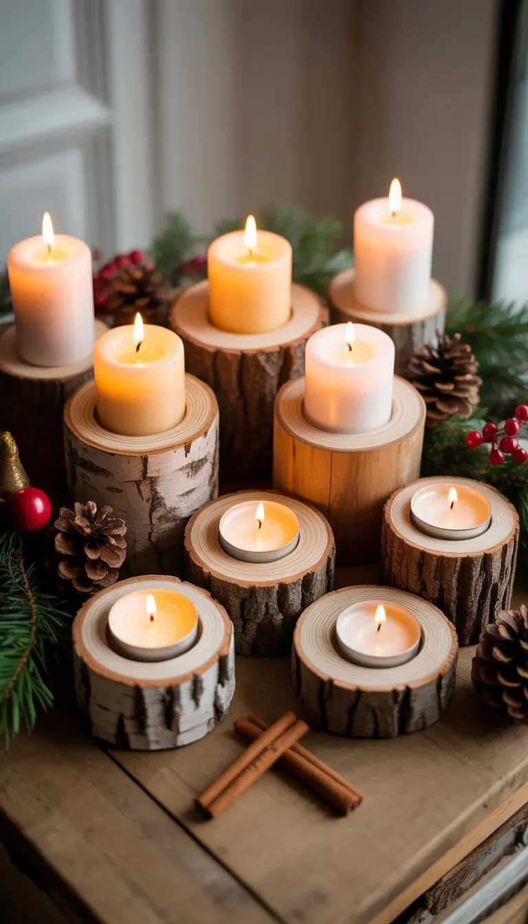 Wood slice candle holders with lit candles arranged on a wooden surface surrounded by pine cones and evergreen sprigs.