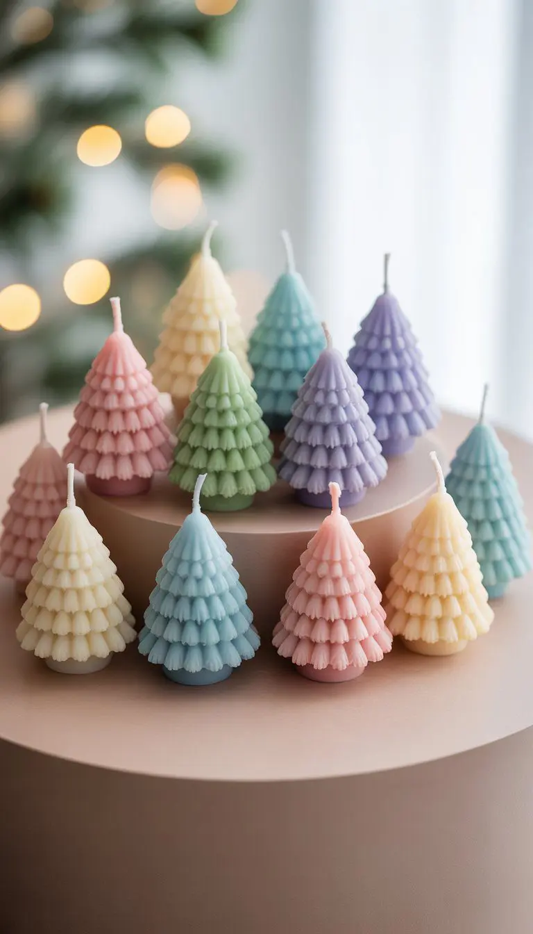 A collection of twelve mini Christmas tree-shaped candles in soft pastel colors arranged on a neutral surface with warm festive lights in the background.