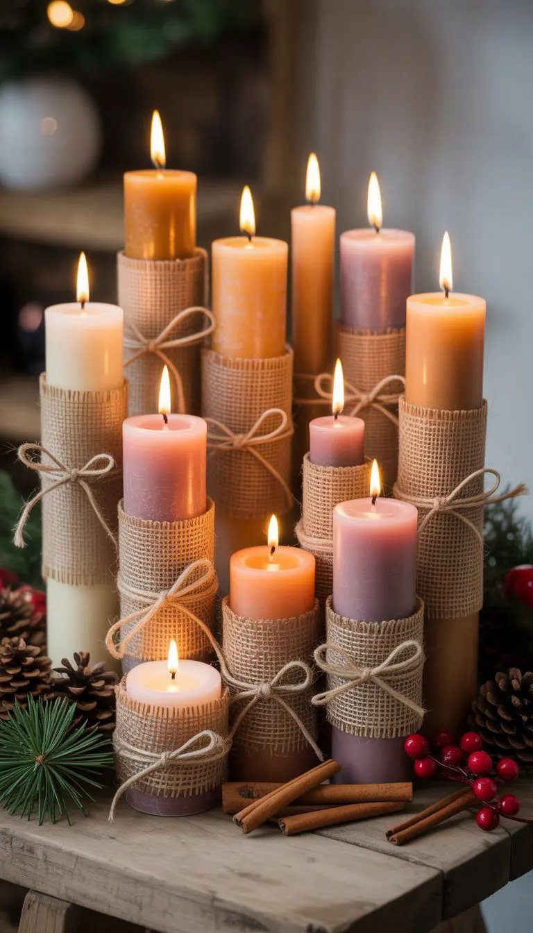 Twelve Christmas candles wrapped in burlap and tied with jute twine bows, arranged with pine cones and festive greenery on a wooden surface.