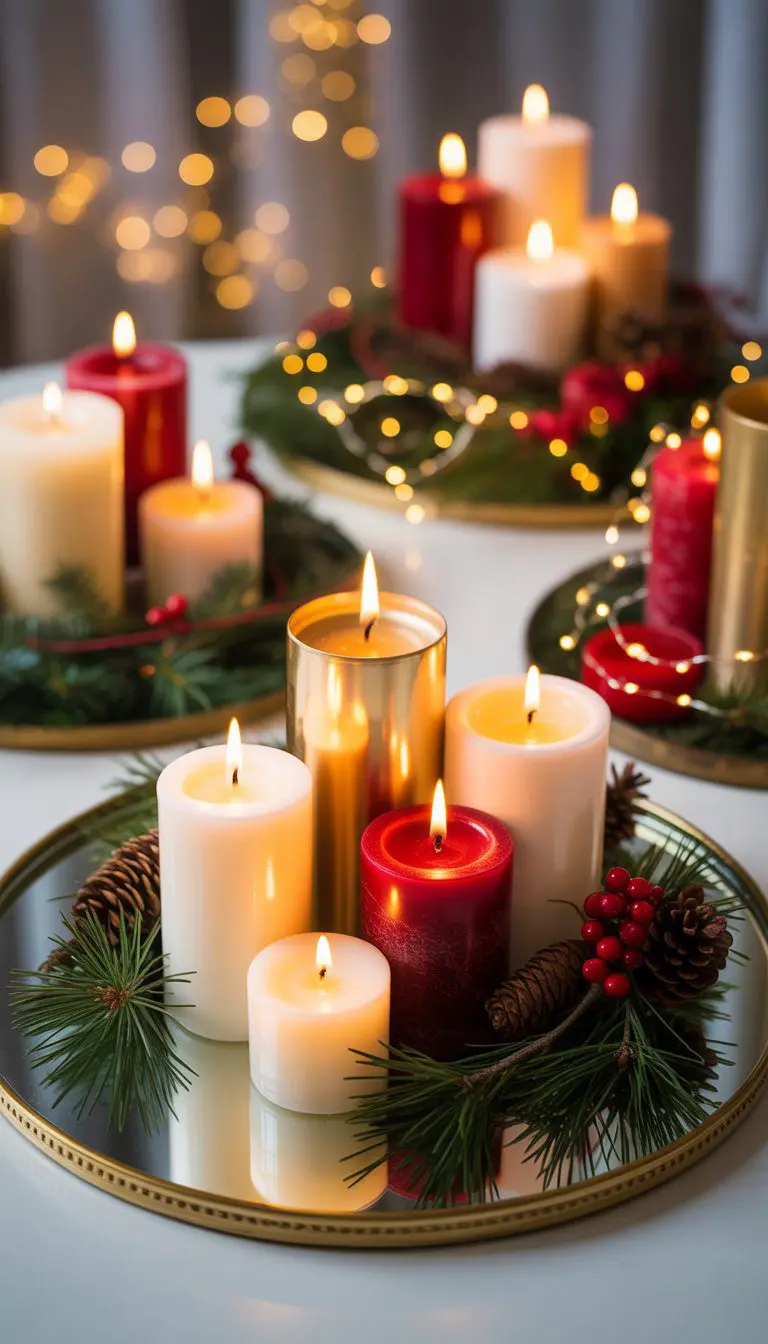Clusters of candles on mirrored trays surrounded by holiday decorations including pine branches and berries.