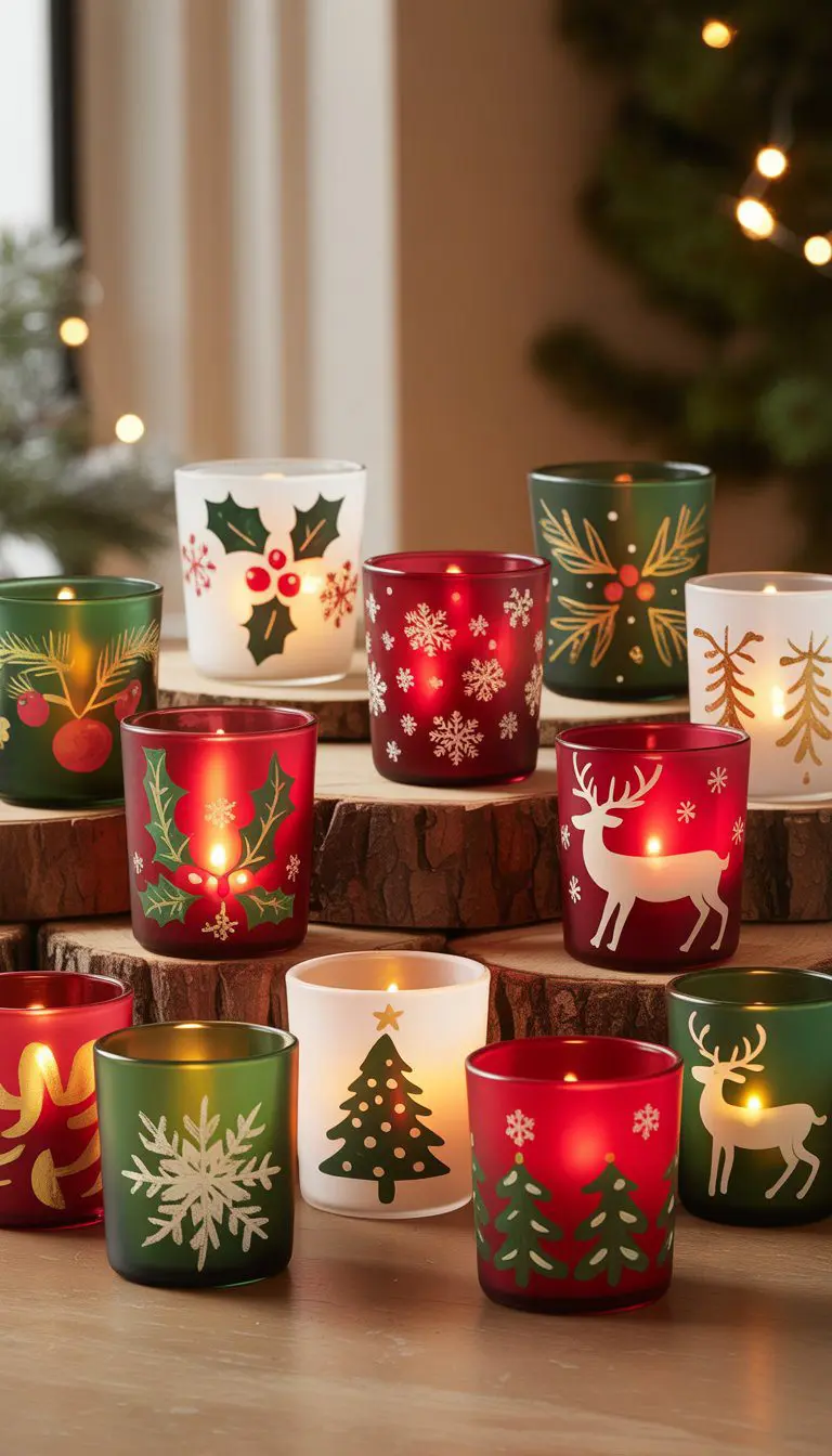 A collection of lit glass candle holders painted with Christmas designs arranged on a wooden surface with holiday decorations in the background.
