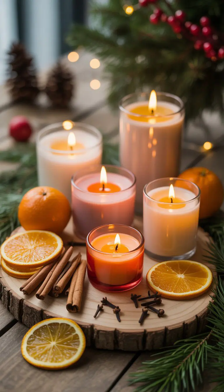 Lit scented candles surrounded by orange slices, cloves, cinnamon sticks, pine sprigs, and Christmas decorations on a wooden surface.