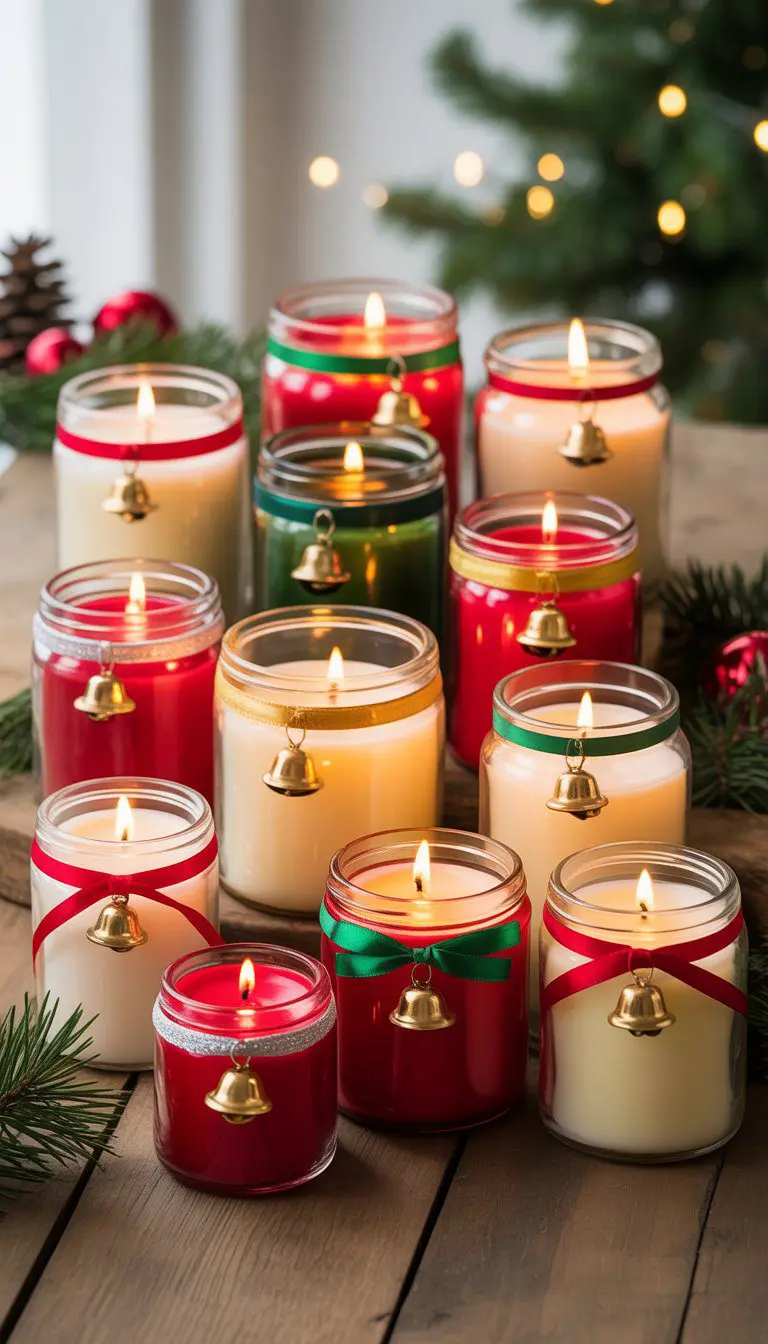 Twelve decorated candle jars with ribbons and small bells arranged on a wooden table with holiday greenery and warm candlelight.
