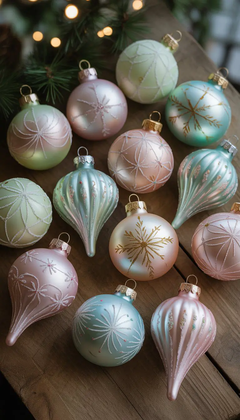 A collection of hand-painted glass Christmas ornaments arranged on a wooden surface with holiday greenery and soft lights in the background.
